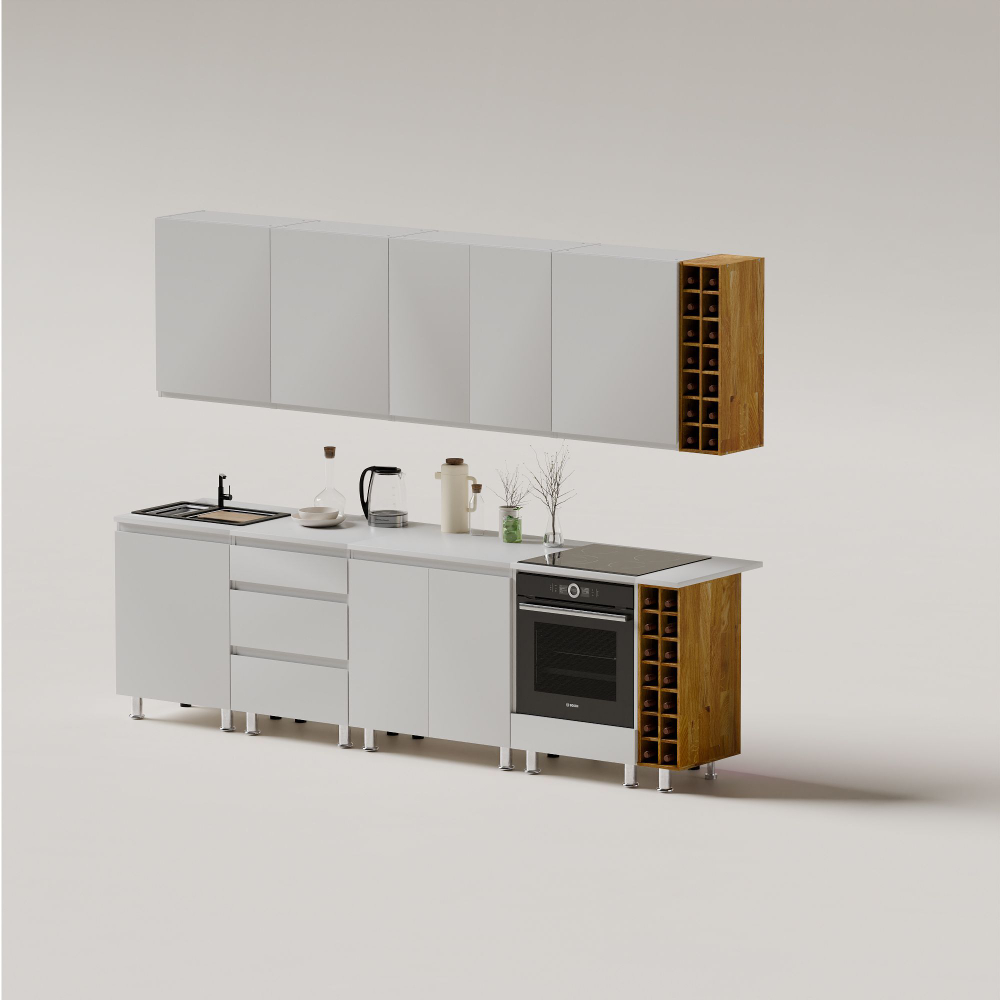 Кухня Севилья 280 см со столешницей (10 модулей) / белый ЛДСП, массив дуба