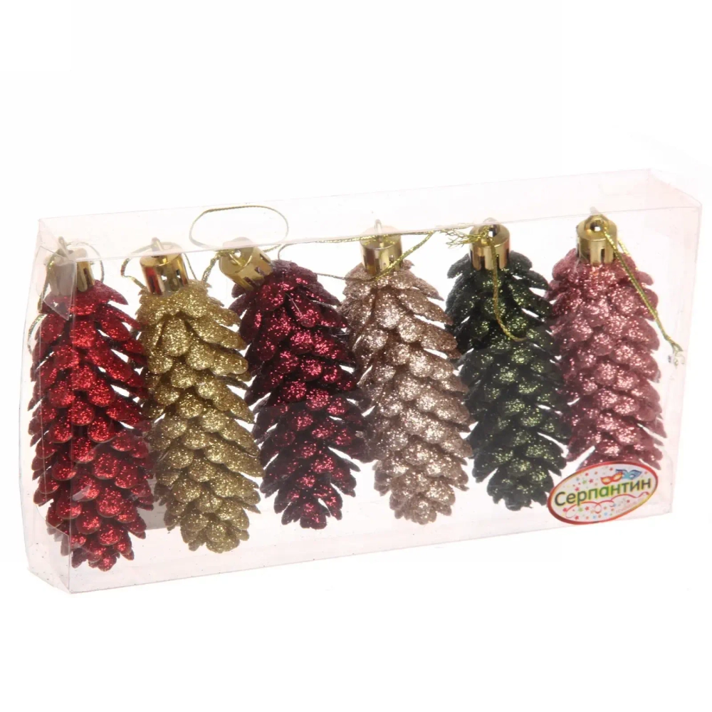 Ёлочные игрушки «Шишки блестящие» 9 см (набор 6 шт), нежный микс