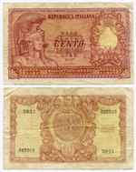 Банкнота Италия 100 лир 1951 год 3821 065503. F-VF