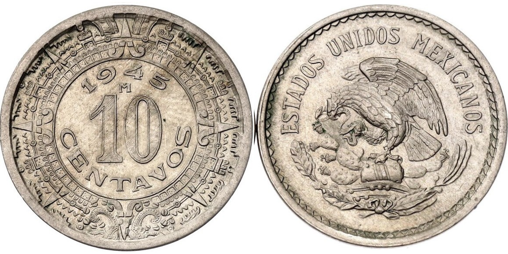 Мексика 10 сентаво, 1936 - 1946 Камень Солнца VF