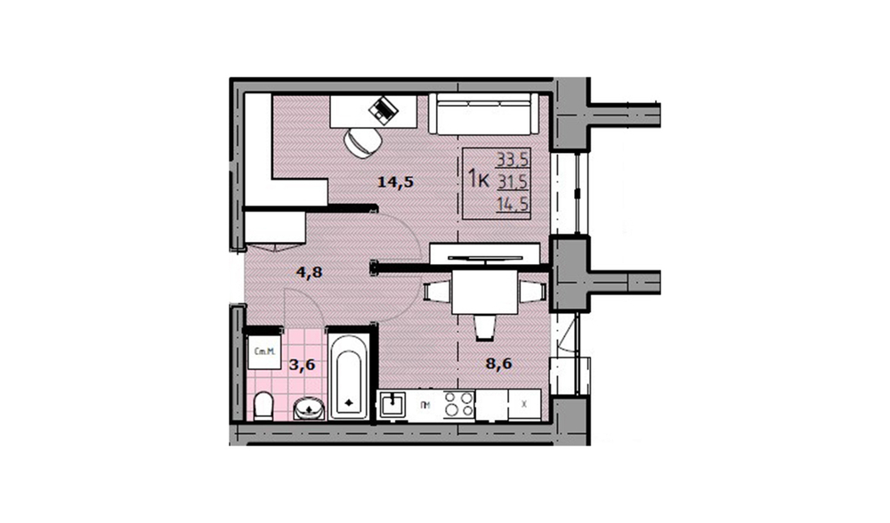 1-комнатная квартира, 31,5 м² / Чистовая отделка