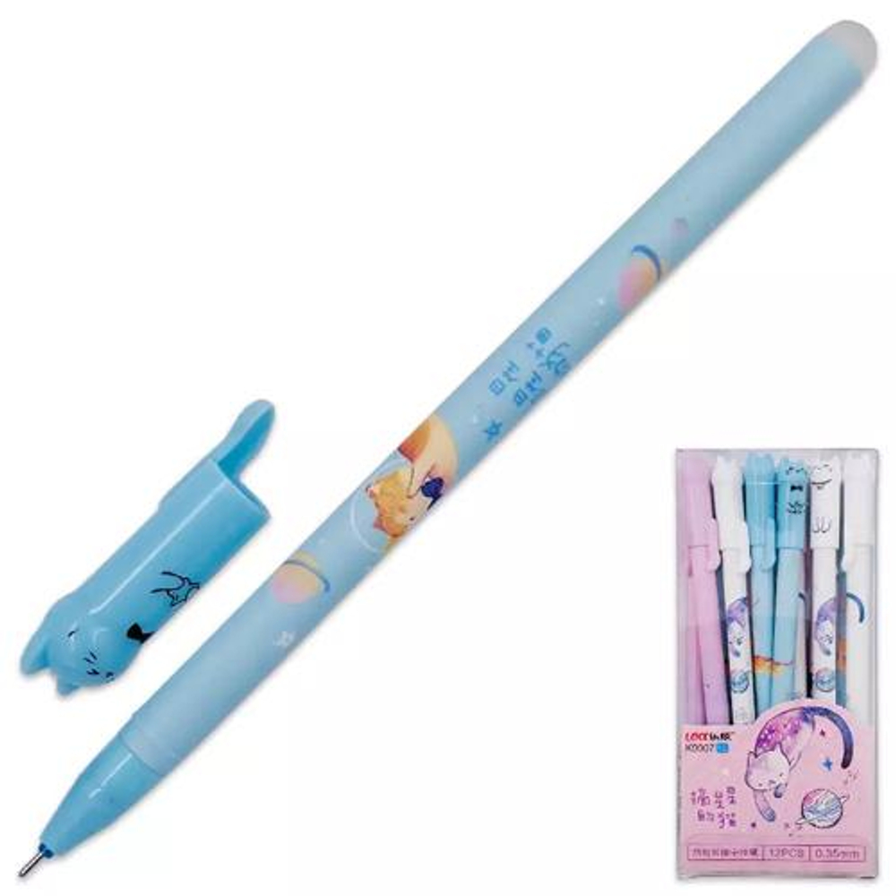 Ручка гель пиши-стирай 0,35мм. синий "Планета кошек" цветной корпус, колпачок в форме кошки, ассорти