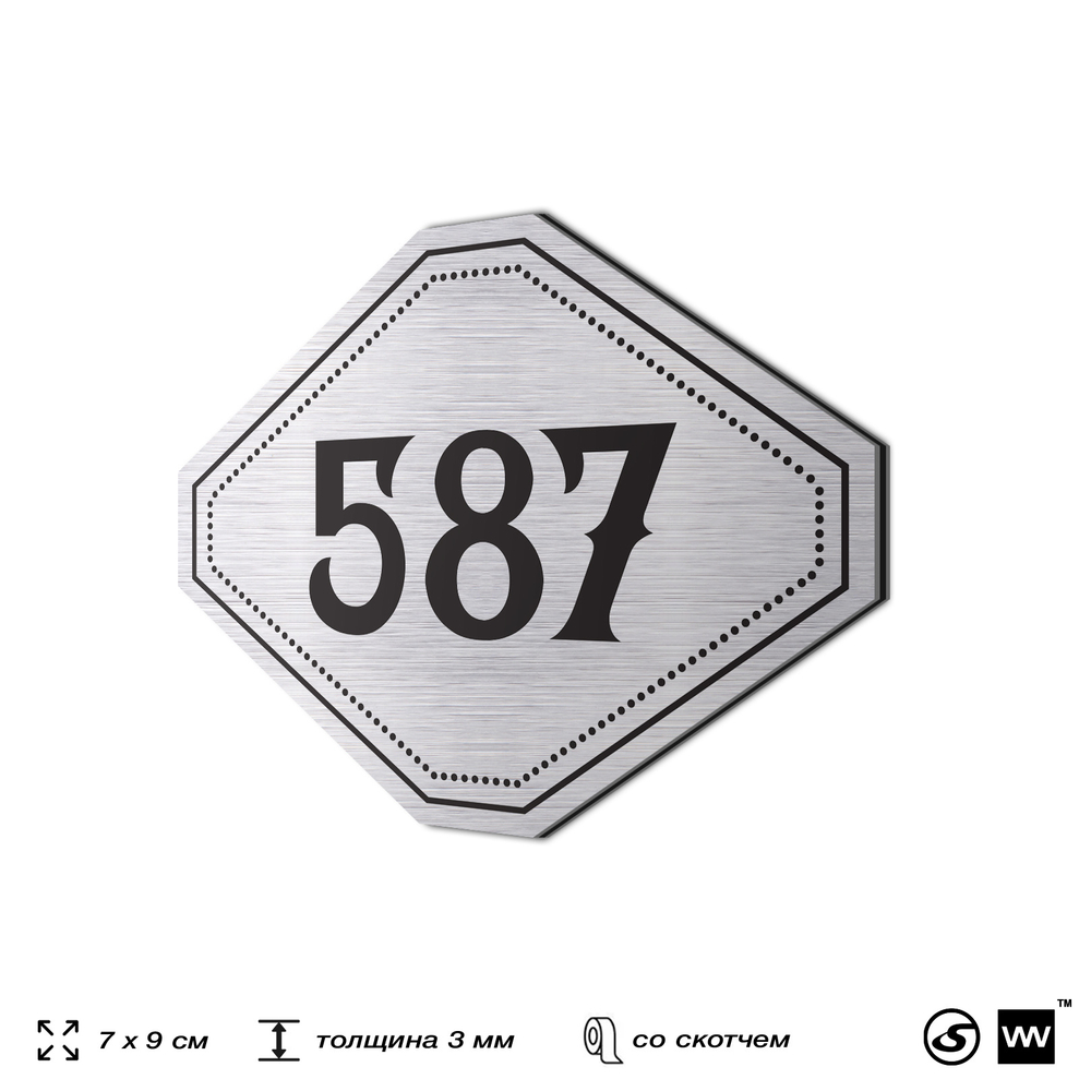 Номерок на дверь квартиры 587, для кабинета, офиса, шильдик 9 х 7 см, серебристый, Айдентика Технолоджи