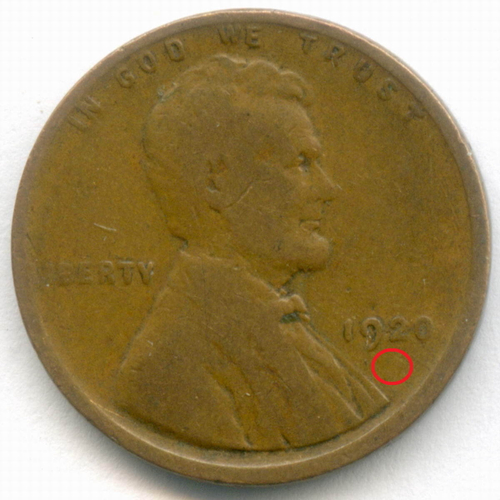 1 цент 1920 год (без знака - Philadelphia). США. Пшеничный цент. Бронза F-VF