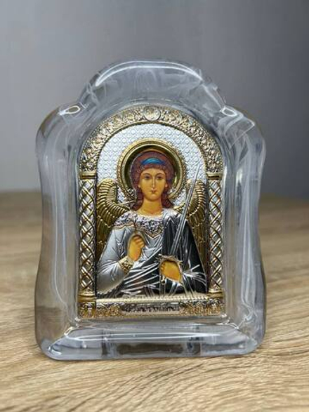 Ангел Хранитель, икона арочная, белое муранское стекло 65х85