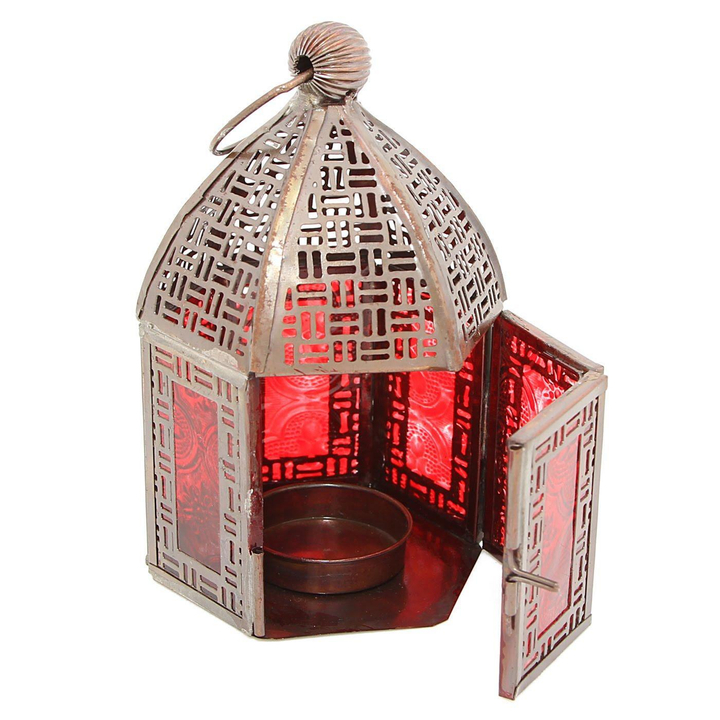 Подсвечник Фонарь металл стекло цвет красный 8x8x14 см