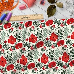 Ткань муслин насыщенные маки и листья на бежевом фоне