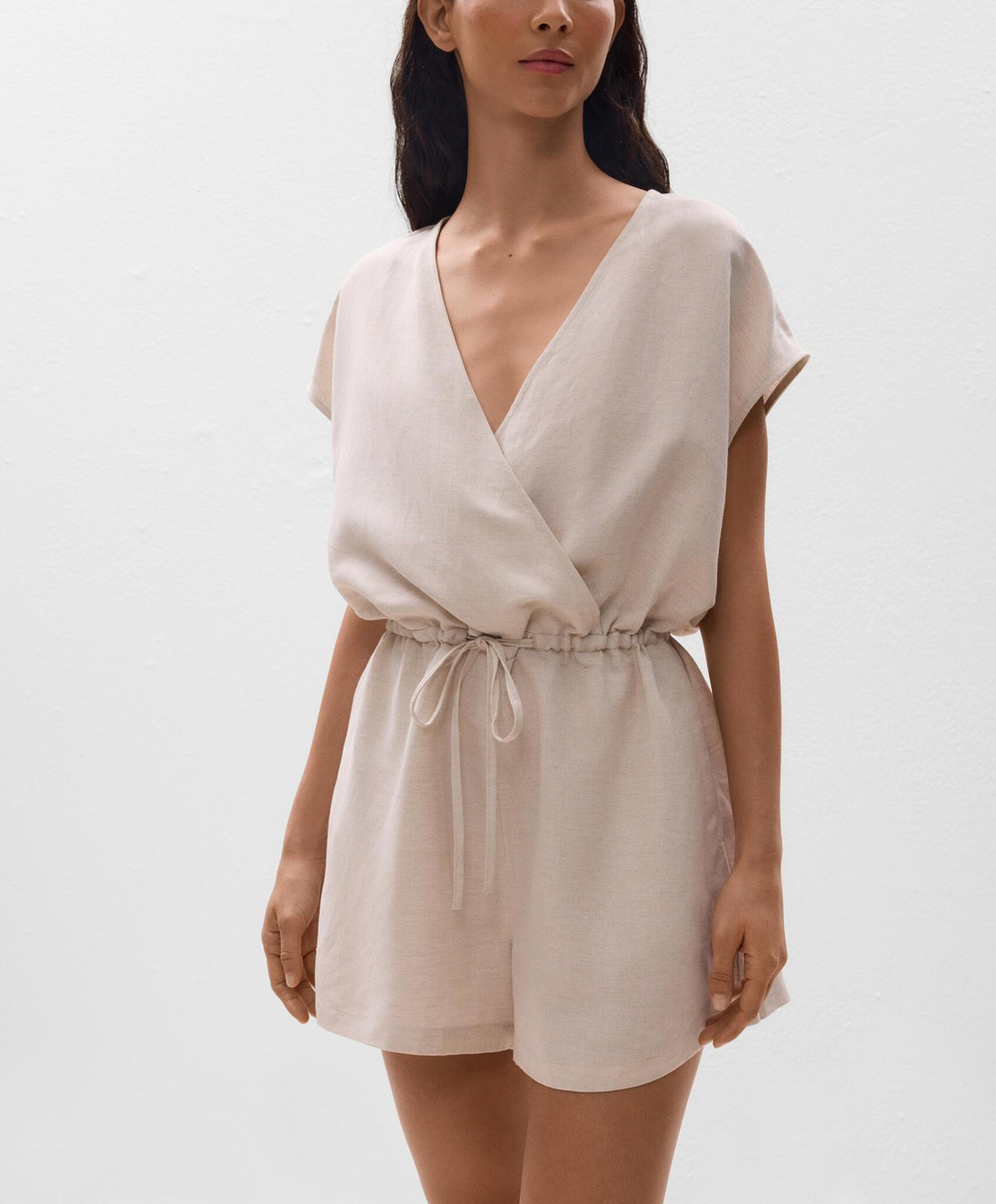 Oysho Короткий комбинезон с запахом из льна, песочный меланж