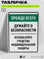 Табличка для обеспечения безопасности "Прежде всего думайте о безопасности используйте средства индивидуальной защиты", для производства, предприятия, 40х30 см, Silver Plane x Айдентика Технолоджи