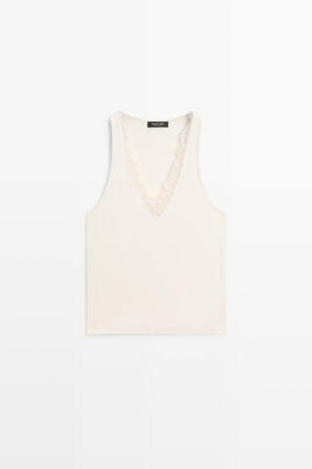 Massimo Dutti Топ с V-образным вырезом и кружевом, натуральный/кремовый
