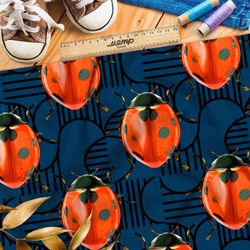 Ткань оксфорд 600 крупный божьи коровки на синем фоне с рисунком