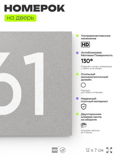 Номер на дверь 961, табличка на дверь для офиса, квартиры, кабинета, аудитории, склада, серая 120х70 мм, Айдентика Технолоджи