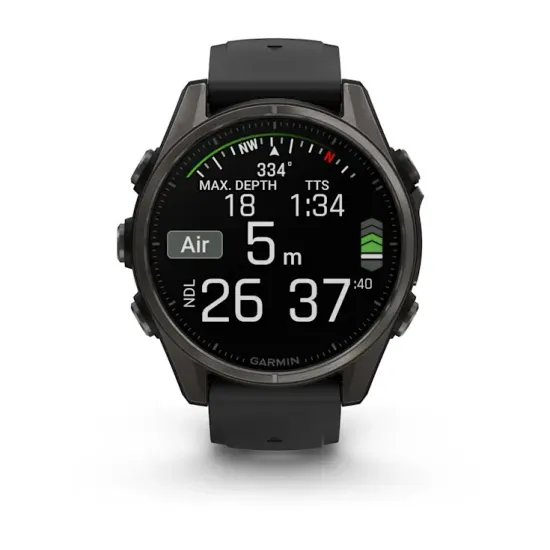 Мультиспортивные GPS часы Garmin Fenix 8S (43 mm) AMOLED, Sapphire Carbon Gray DLC Titanium with Black/Pebble Gray Silicone 010-02903-21