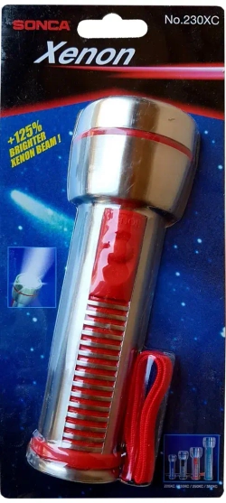 Фонарик переносной светодиодный влагонепроницаемый Sonca Ксенон(HPx21, 2.4V, 0.80A, 2xC/R16/UM2, яркость луча увеличена на 125%), в блистере Sonca 230XC