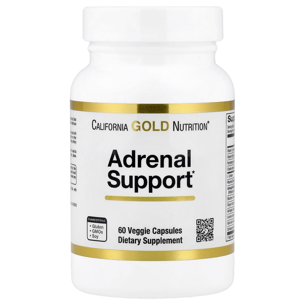 California Gold Nutrition, добавка для поддержки надпочечников, с L-тирозином, экстрактами родиолы, ашваганды и элеутерококка, 60 вегетарианских капсул