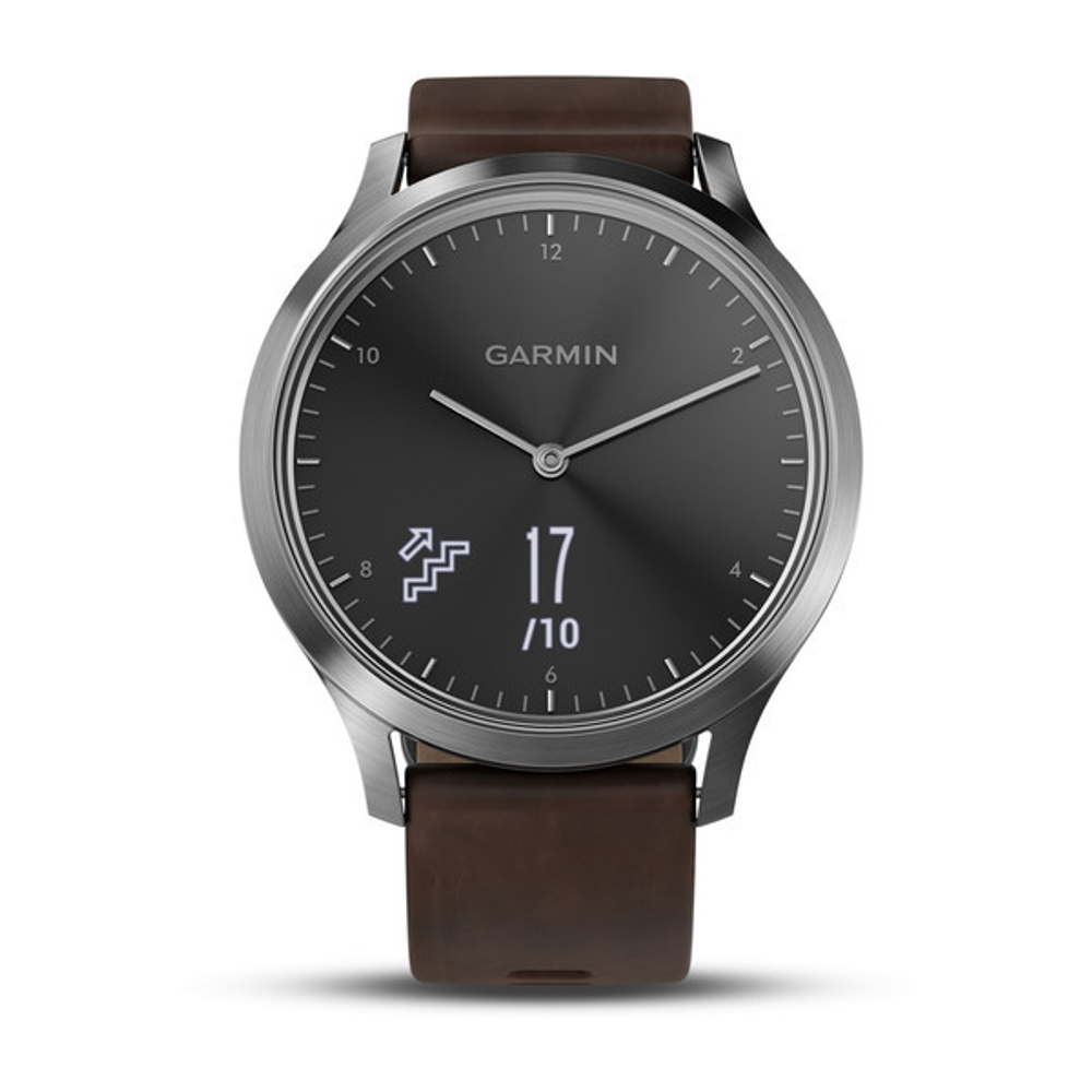 Часы Garmin Vivomove HR Premium, серебряные с темно-коричневым кожаным ремешком (010-01850-24)