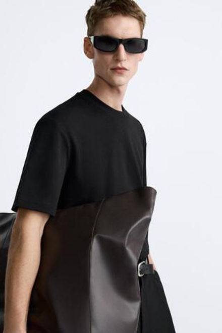 ZARA ФУТБОЛКА REGULAR FIT INTERLOCK, ЧЕРНЫЙ