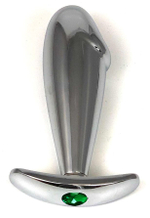 Серебристая анальная пробка-фаллос с зеленым кристаллом – 9,5 см. (Цвет: зеленый)