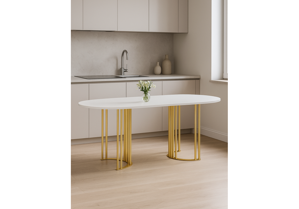 Стол деревянный Woodville Хьюго О 160 х 90 белая шагрень пленка, золотые ноги