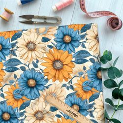 Ткань премиум бифлекс голубые и оранжевые цветы