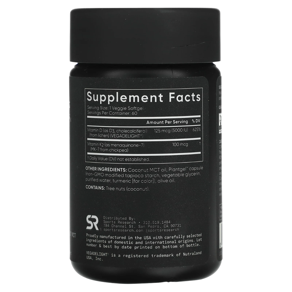 Sports Research Vitamin D3+К2 5000 IU, Витамин Д3+К2 5000 МЕ, 60 капсул