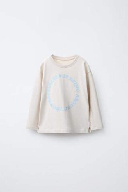 ZARA ФУТБОЛКА С БЛЕСТЯЩИМ ТЕКСТОВЫМ ПРИНТОМ, ЖЕМЧУЖНЫЙ МЕЛАНЖ