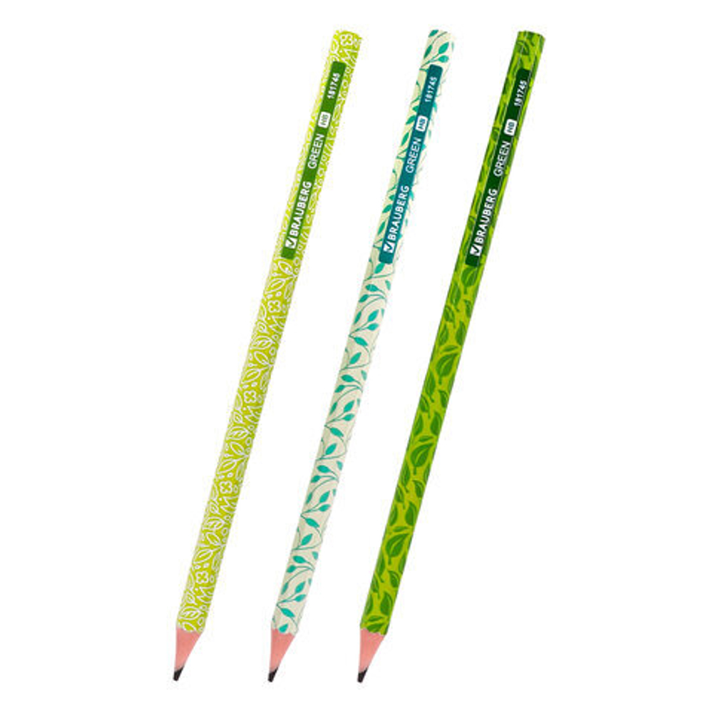 Карандаш чернографитный BRAUBERG "GREEN", 1 шт., HB, пластиковый,корпус ассорти