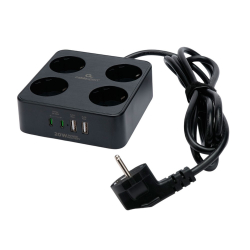 Сетевой фильтр Cablexpert Сетевой фильтр Plate PLT-4-C2U2-B-3 (4р, 10А, 2xType-C PD, 20Вт, 2xUSB, 3м, ур.защиты 4+) черный, коробка (22563)
