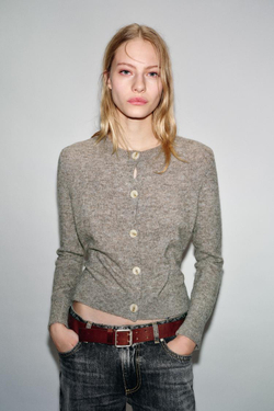 ZARА КАРДИГАН ИЗ КОМБИНИРОВАННОЙ ТКАНИ С ПОЯСОМ, СЕРЫЙ МЕЛАНЖ