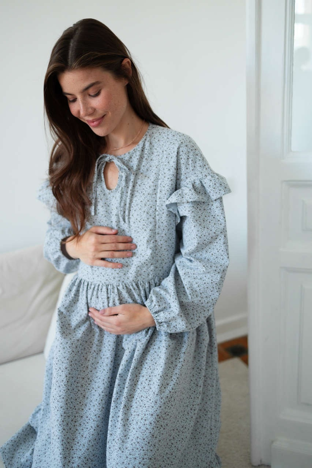 Платье Ася из фланели для беременных и кормящих мам, Серо-голубой с кофейными цветами