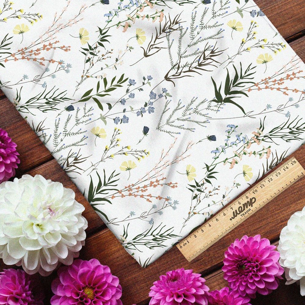 Ткань лен утончённые веточки с листвой