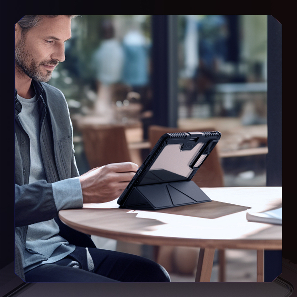 Чехол книжка синего цвета от Nillkin для Xiaomi Pad 7 и 7 Pro, серия Bumper Pro Case-Multi Angle Folding Style, многофункциональный складной стиль