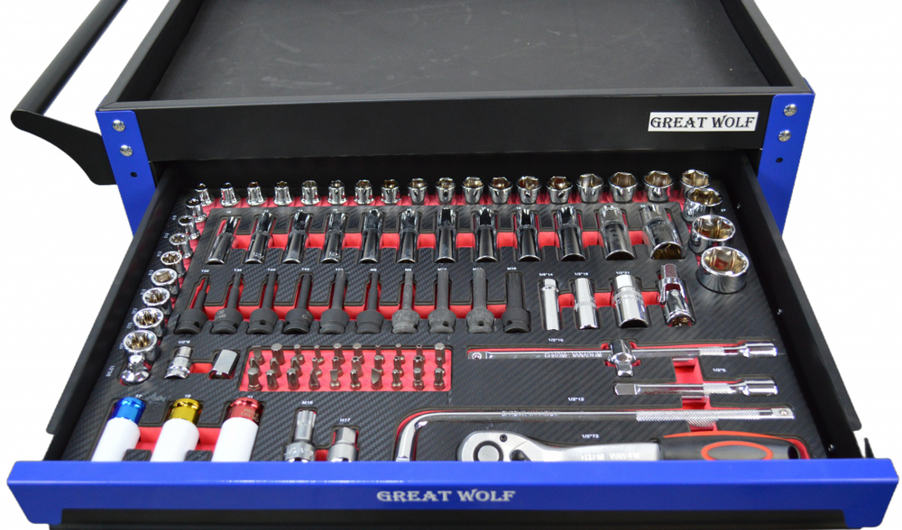 Инструментальная тележка с инструментом GW-3ST2 Blue (Great Wolf, 324 поз) с полкой и тремя ящиками