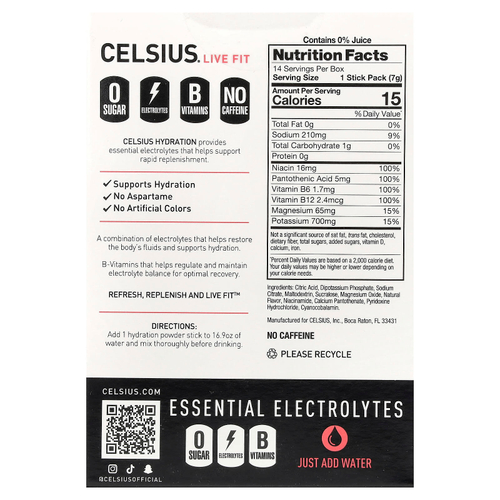 Celsius, Live Fit, увлажнение, незаменимые электролиты, без кофеина, клубника и арбуз, 14 порошковых стиков для увлажнения, по 7,28 г (0,26 унции)