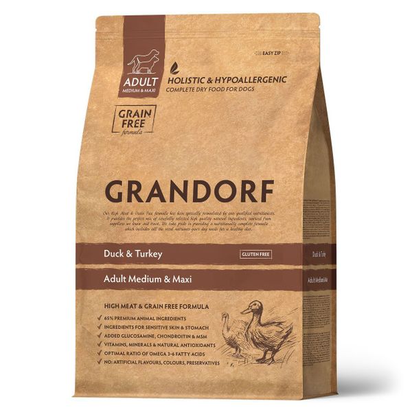 Уценка! Срок 17.06.26/ Сухой корм Grandorf DOG Duck&Turkey MED&MAXI для взрослых собак средних и крупных пород, утка с индейкой