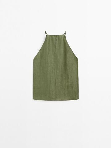 Massimo Dutti Топ из смесового льна с горловиной халтер, зеленый