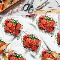 Ткань муслин красные букеты на белом фоне