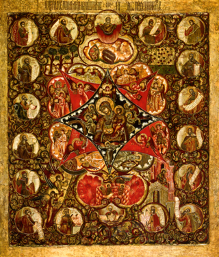 Неопалимая Купина икона Божией Матери с пророками деревянная на левкасе