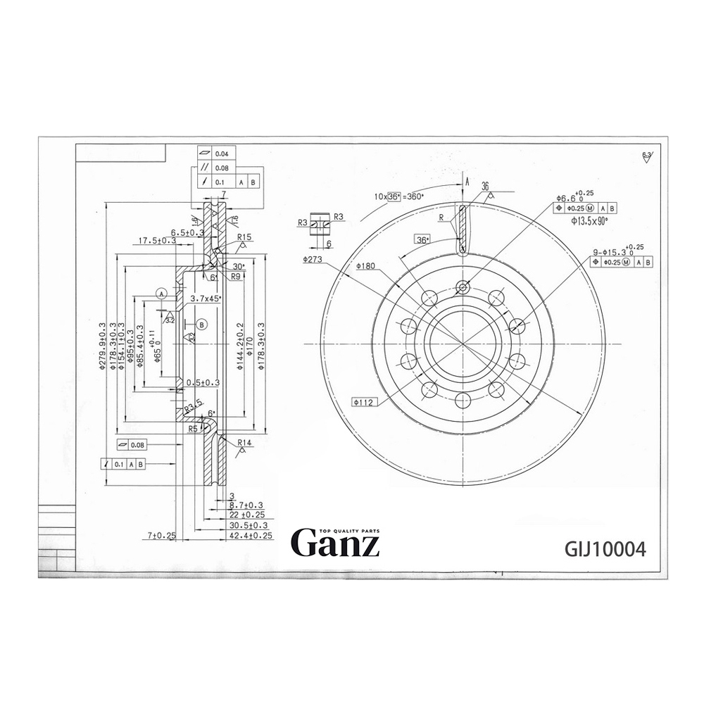 Диск тормозной GANZ передний с покрытием AUDI / SEAT / SKODA / VW Арт.: GIJ10004
