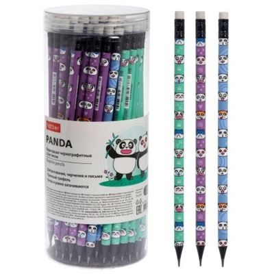 Карандаш чернографитный Hatber Panda/Панда круглый корпус  Ассорти "HB" с ластиком заточен
