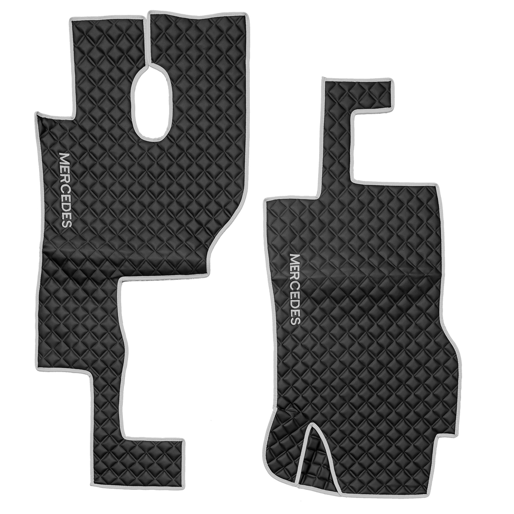 Ковры MERCEDES Actros MP3 (автомат) с шахтой (экокожа, черный, серый кант, серая вышивка)