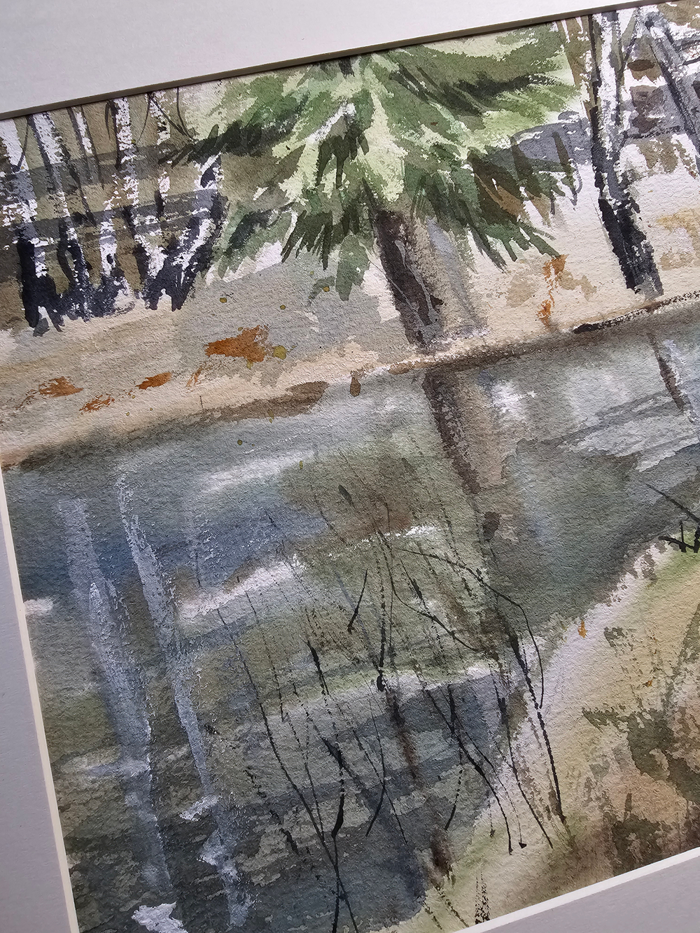 Картина авторская акварельная в паспарту 30х40 см на стену для интерьера "На берегу пруда в Тованово"