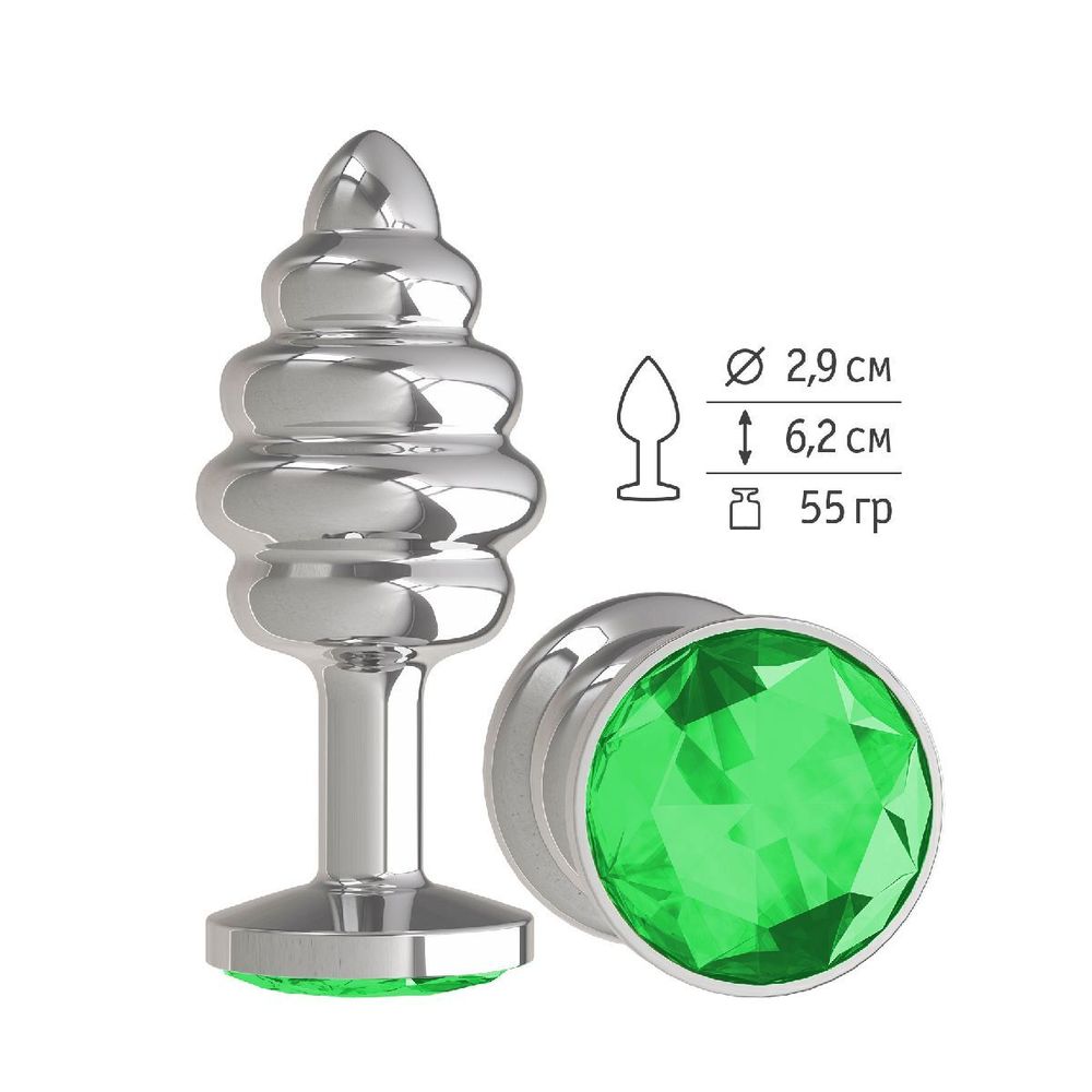 515-03 green-DD / Анальная втулка Silver Spiral малая с зеленым кристаллом