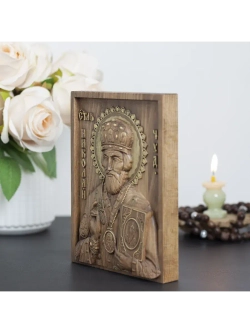 Николай Чудотворец деревянная резная икона, бук