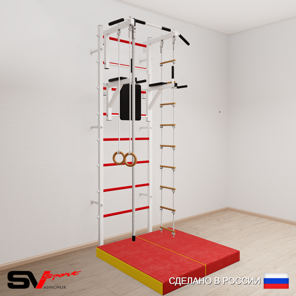 Шведская стенка Sv Sport усиленная 6044 (Турник стандарт/Брусья/Канат/Кольца/Лестница/Мат 1м)