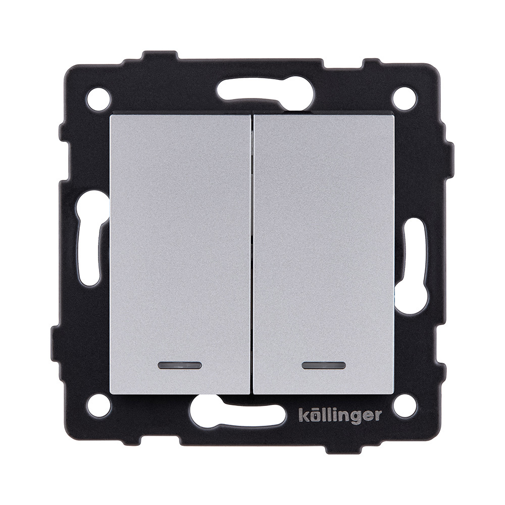 Выключатель 2-клавишный проходной 10А/250В с LED подсветкой, серый Kollinger REA-S-010GY для Aspekt, Eleganz, Reflex