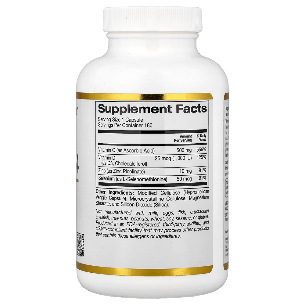 California Gold Nutrition, Defender 4, добавка с витаминами C и D, цинком и селеном, 180 вегетарианских капсул