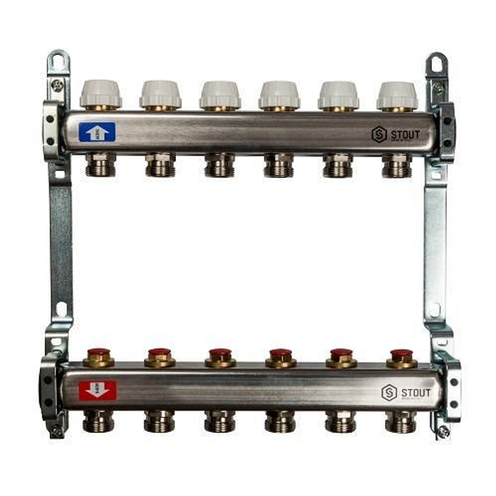 Коллекторная группа для радиаторного отопления STOUT SMS0922 - 1" на 6 контуров 3/4"EK (нерж.сталь)