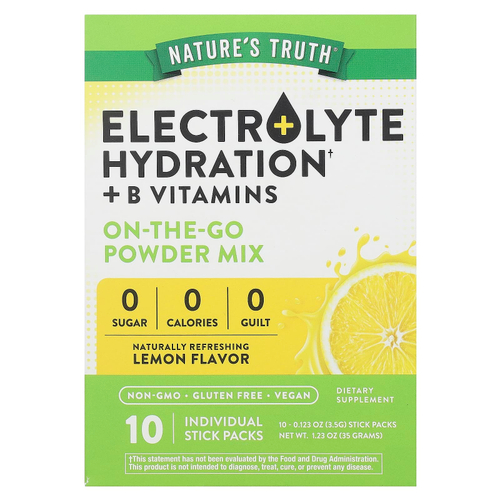 Nature's Truth, Electrolyte Hydration + B Vitamins, On-The-Go Powder Mix, Lemon, 10 Individual Stick Packs 0.123 oz (3.5 g) Each