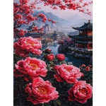 Алмазная мозаика в рулоне 30*40см полная выкладка «DIAMOND», Пионы и пейзаж
